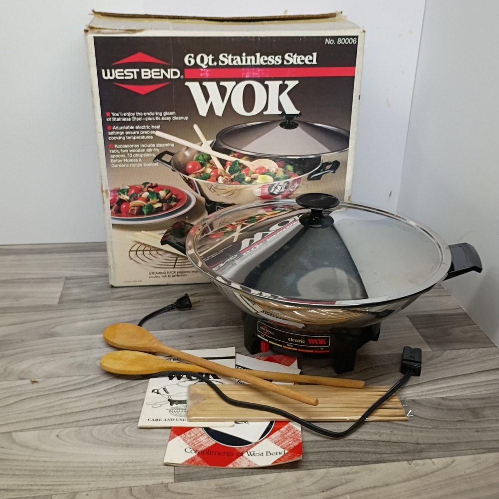 WEST BEND Electric 14" Wok Skillet 6qt Stainless Steel Cord Booklet Rack 80006
